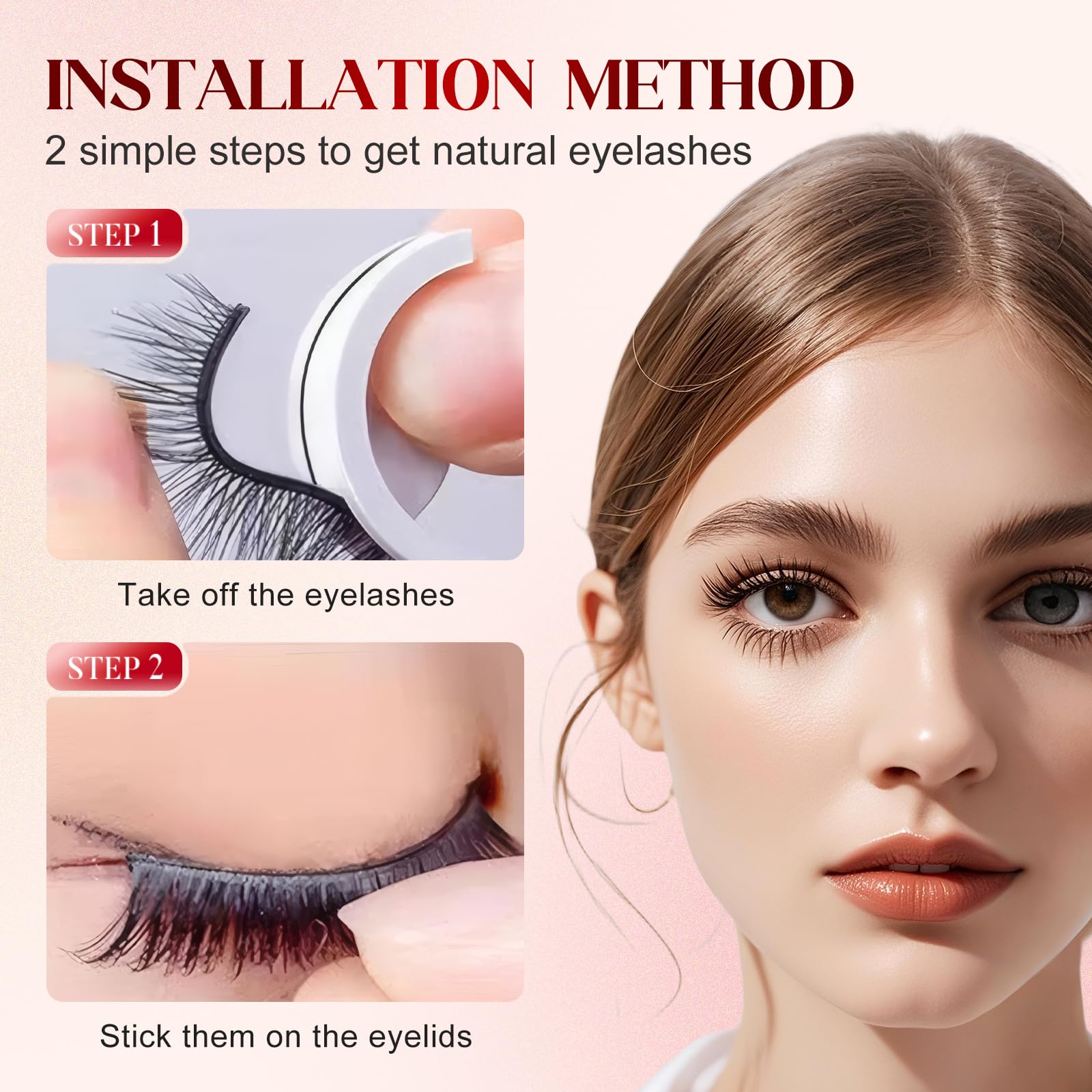 2 Pairs Self Adhesive False Eyelashes, Pre Glued Reusable Eyelashes, No Glue Needed Lashes, Beginner Eyelash Clusters for Women (Slender)