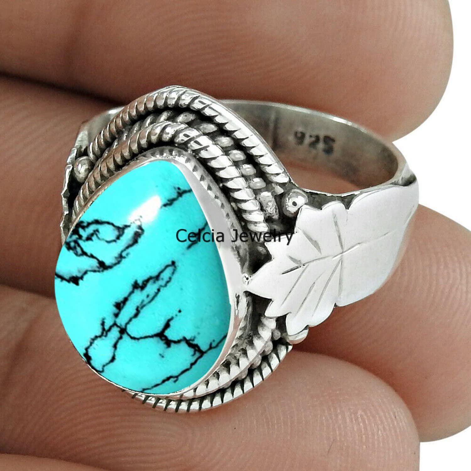 Natürlicher Türkis, schöner Edelsteinring, massiver 925er Sterlingsilber-Statement-Bandring, einzigartiger Dezember-Geburtssteinring, Hochzeitsgeschenke für Frauen