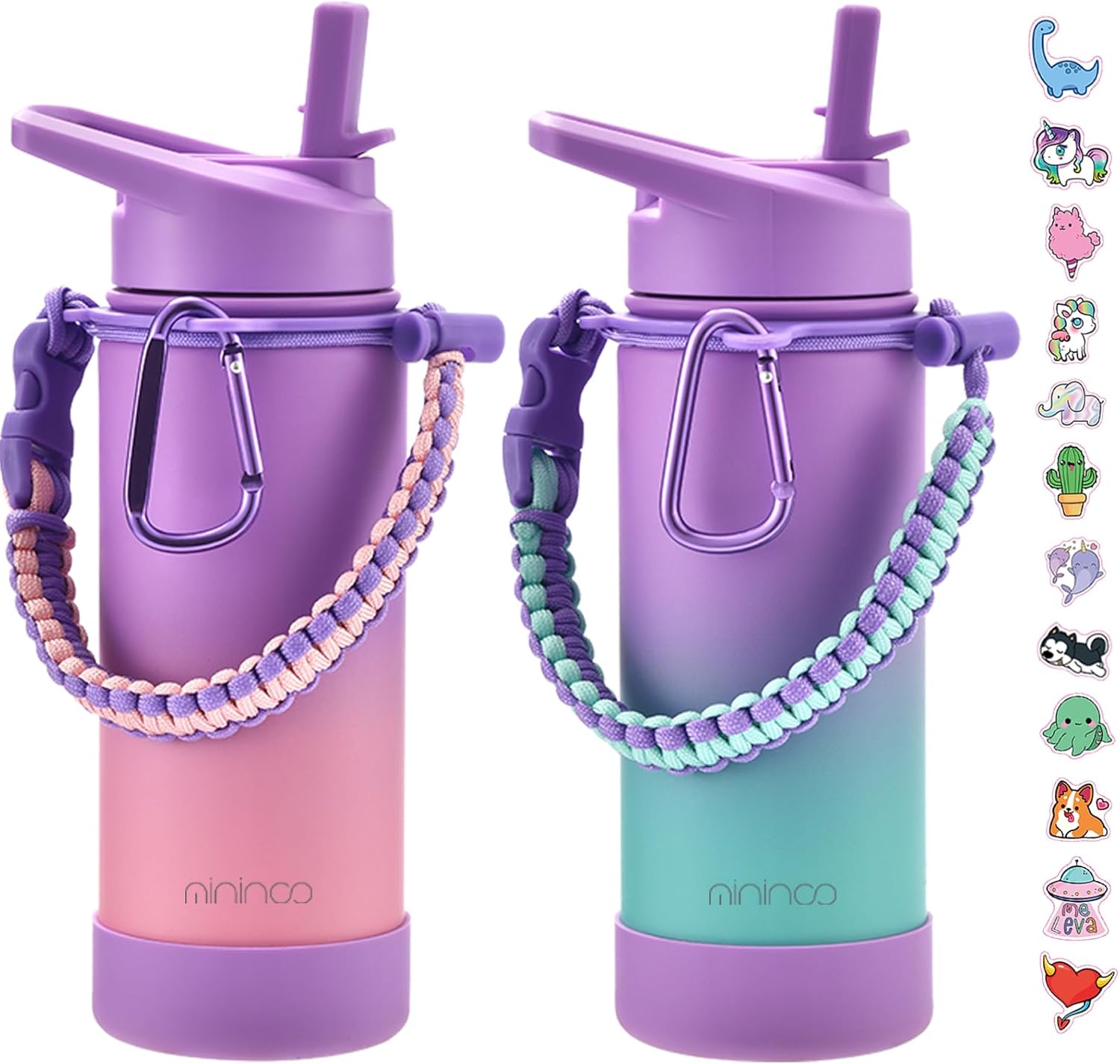 Mininoo Girls Water Bottle for School, 16oz Stainless Steel Insulated Metal Water Bottle with Straw Lid for Boys (2 Pack)