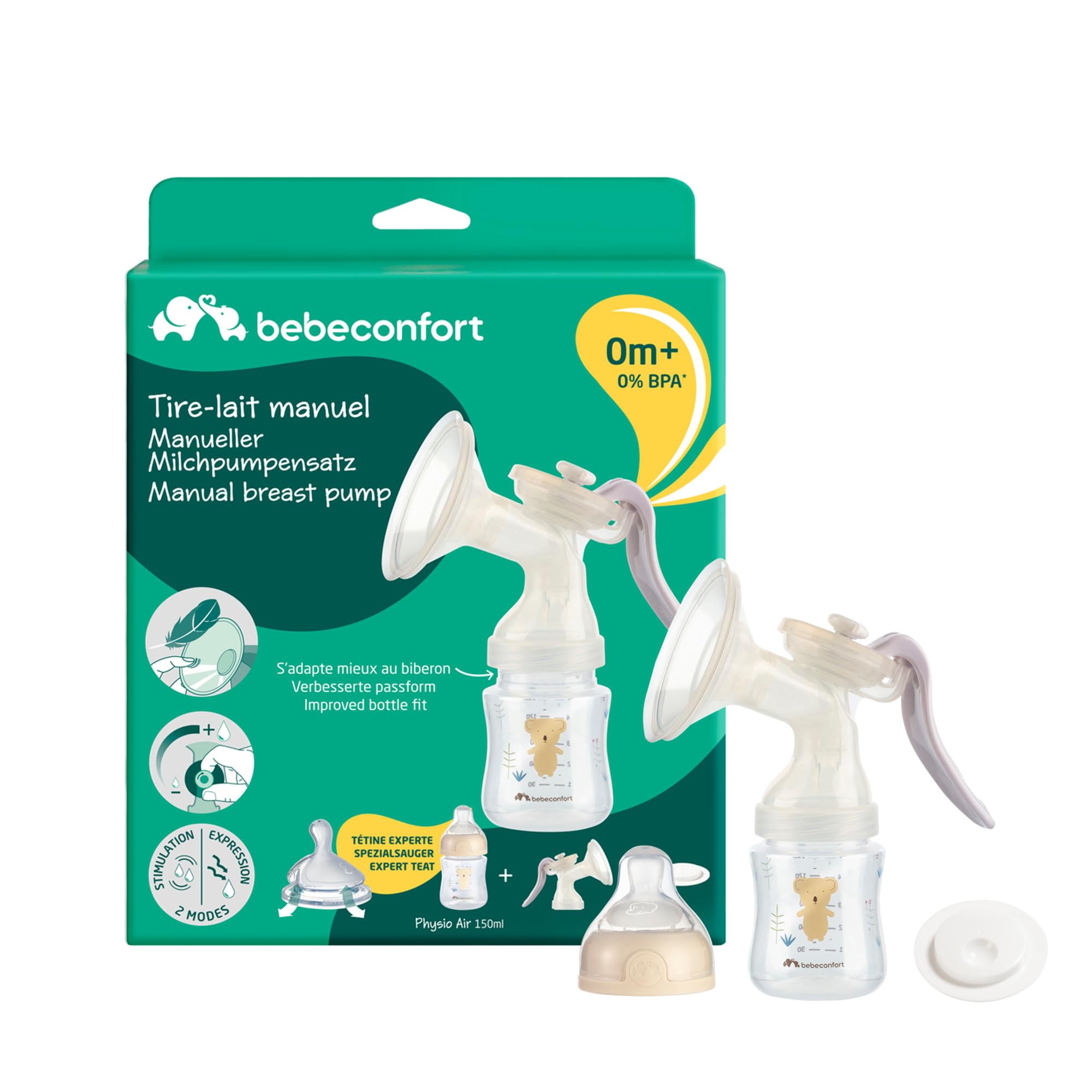 Bebeconfort Handmilchpumpe, Silikonmilchpumpe, Handmilchpumpen-Set mit 150 ml Babyflasche inklusive, Sand