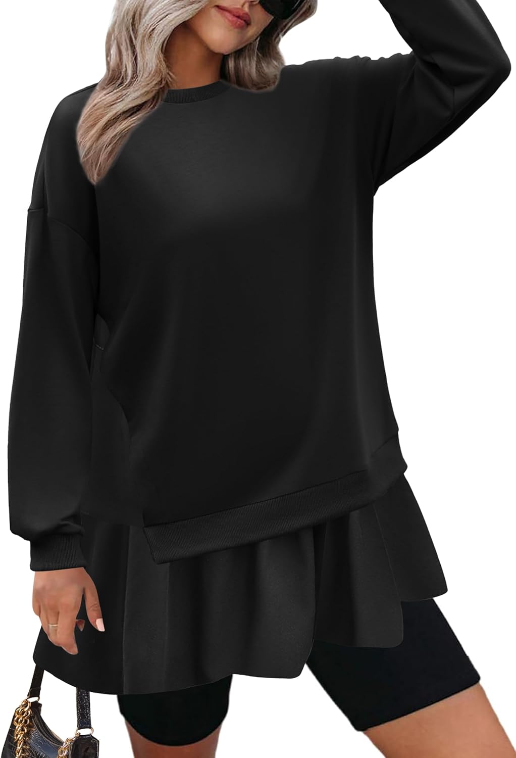 Zeagoo Womens Sweatshirts Plaid Patchwork Crewneck Preppy Long Sleeve Hoodie 2024 Trendy Teen Girls Flowy Pullover Top Black Large