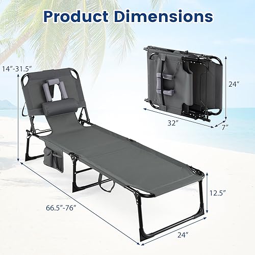 Miniatura 3 de COSTWAY Silla de playa plegable, silla de bronceado con orificio para la cara, respaldo ajustable de 5 posiciones, almohada y bolsillo lateral