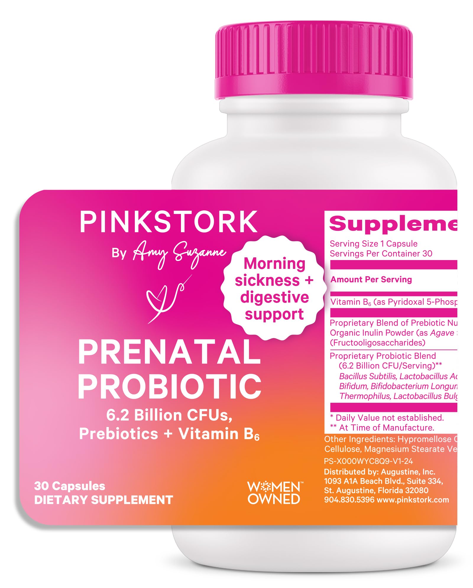 Pink Stork Prenatal Probiotics for Women with Vitamin B6 and Prebiotics - Morning Sickness, Gut Microbiome, and Immune Support - Pregnancy Probiotic - Pregnancy Must Haves, 30 Capsules