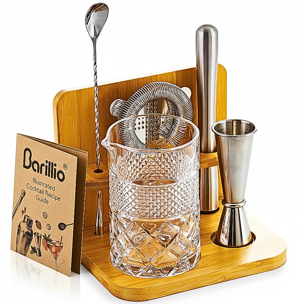 Instant Wine Chiller And Aerator Barillio 24 Oz Crystal Cocktail Mixing Glass with Bamboo Stand & Bar Tools | Seamless Lead-Free...