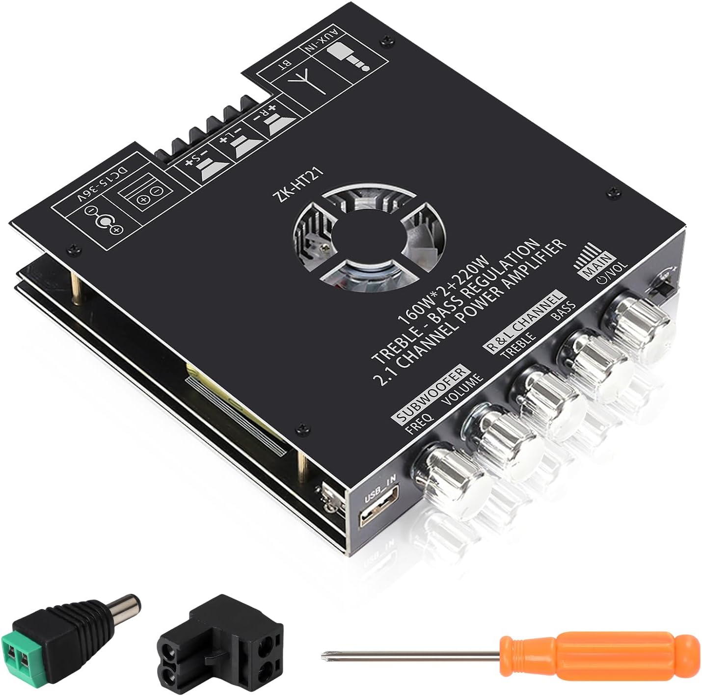 ZK-HT21 2.1 Channel Mini Bluetooth Amplifier Board,160W×2+220W High Power Stereo Subwoofer Amp with TDA7498E Hi-Fi Chip and Dual Expansion Ports, BT USB AUX Input DC 15-36V for DIY Home Speakers