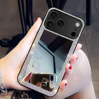 for iPhone 17 Pro Max Mirror Case for Women with Bling Rhinestone, Stick on Mirror for Phone Case,Luxury Shiny Crystal Protective Cover for Outdoor Makeup for Girl