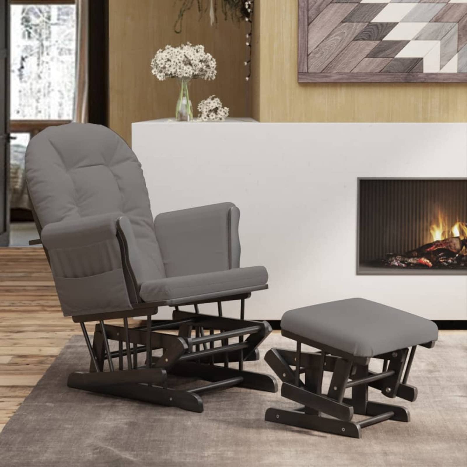 Festnight Butacas para Dormitorio Sillón de Salón con Otomana Reposapiés Sillon Balancin Mecedora Sillon Lactancia Mecedora Lactancia con Respaldo Ajustable para Salón Dormitorio Blanco Gris Oscuro