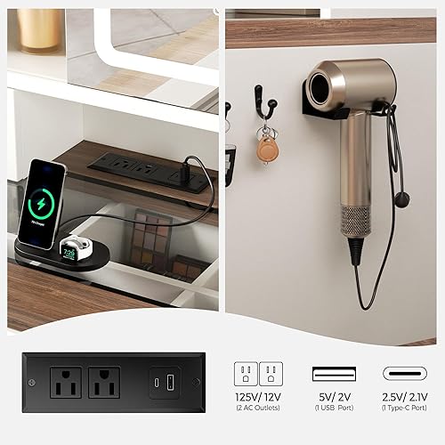 Miniatura 5 de Tocador de maquillaje estilo granja con luces y espejo deslizante, mesa de tocador con superficie de cristal y estación de carga, almacenamiento