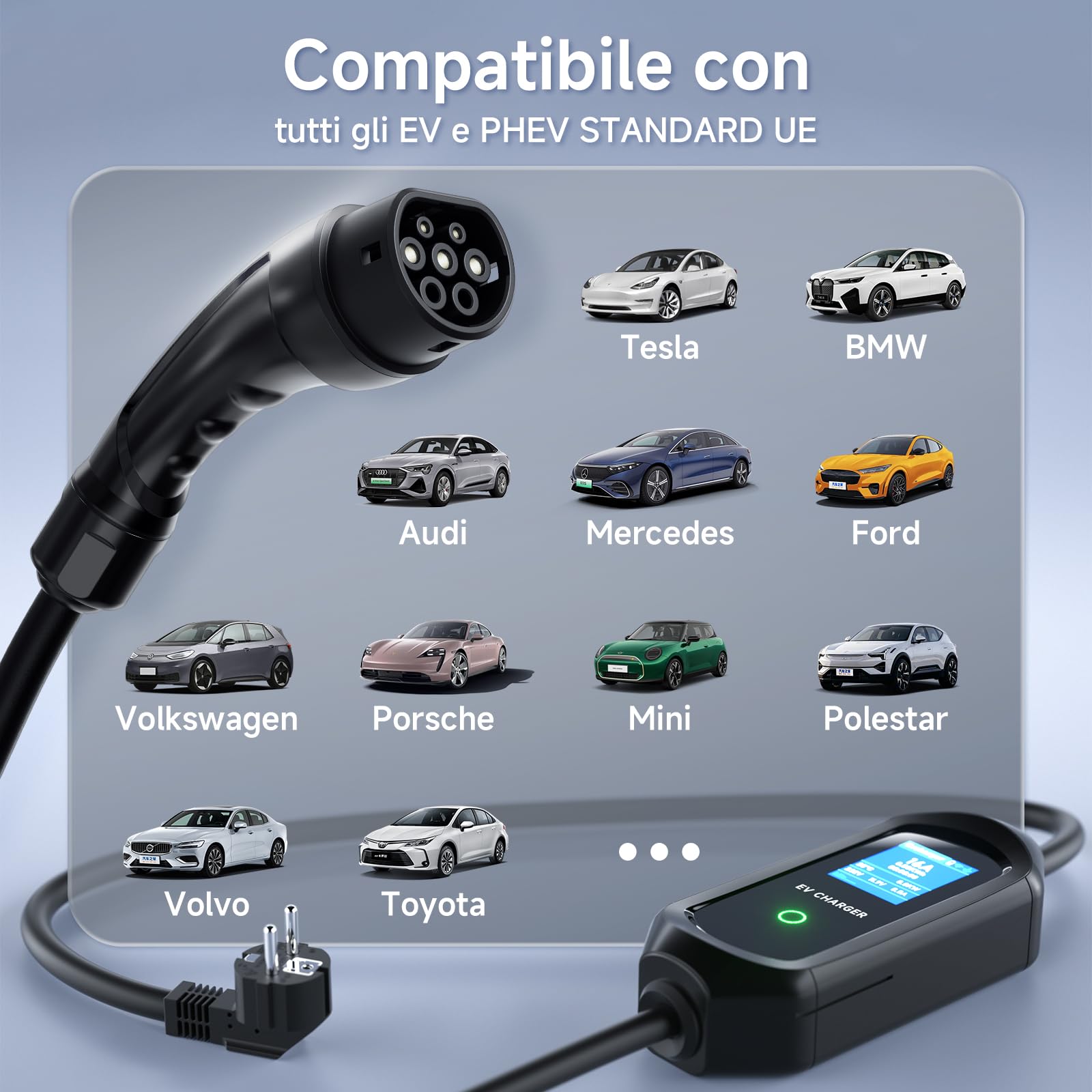 Colonnina Ricarica Auto Elettrica 3.6kW 5m, 6-16A Cavo Ricarica Auto Elettrica Tipo 2, Carichino Auto Elettrica, IP65 Monofase con LED Controllo Digitale Compatibile con EV/PHEV
