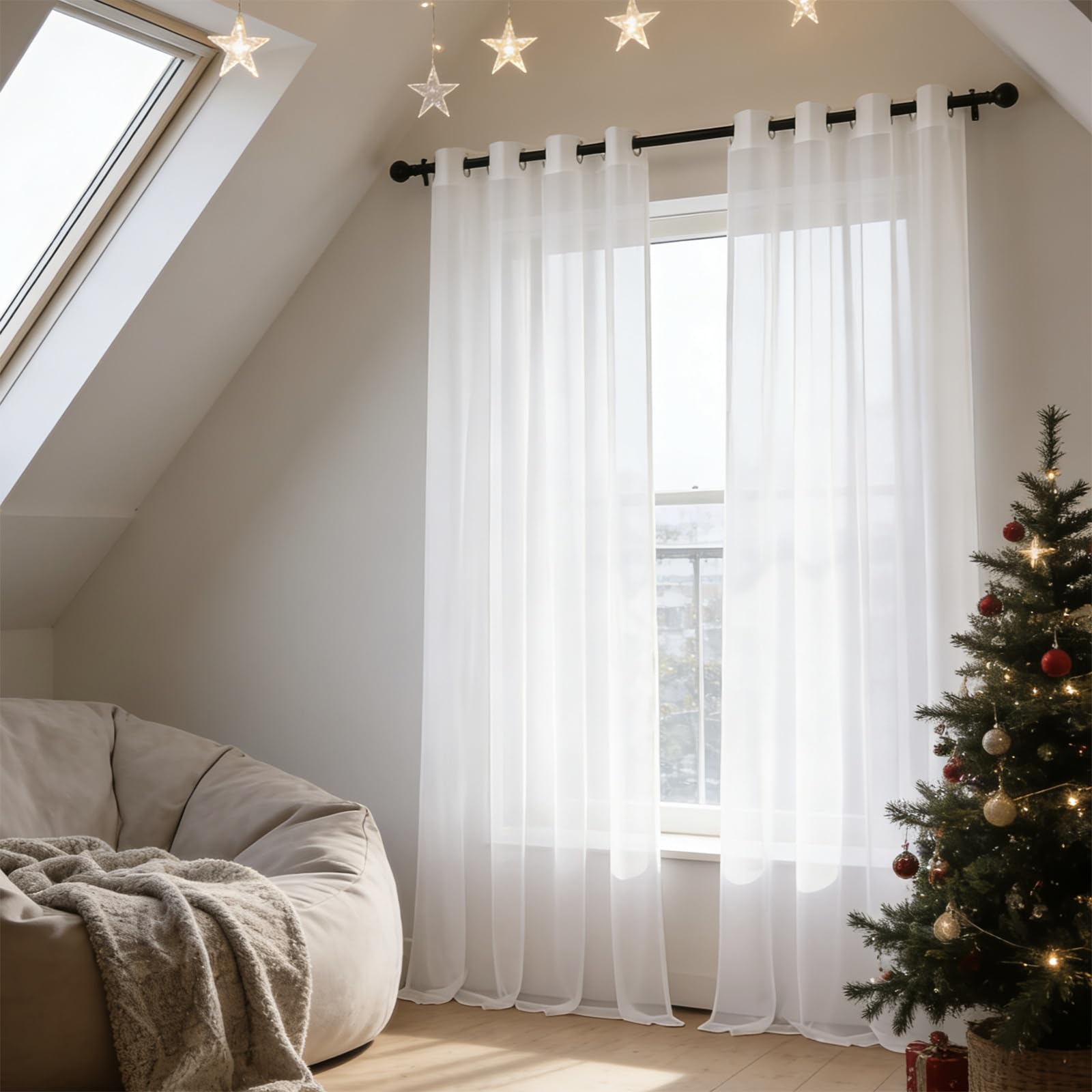Cortina translúcida de 60 x 204 cm blanca para comedor y ventanas estrechas