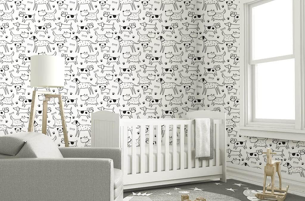 HAOKHOME Dog Wallpaper Peel and Stick Puppy Animal Black White Self Adhesive Wall Murals Home Kitchen Bedroom Decor 17.7in x 9.8ft