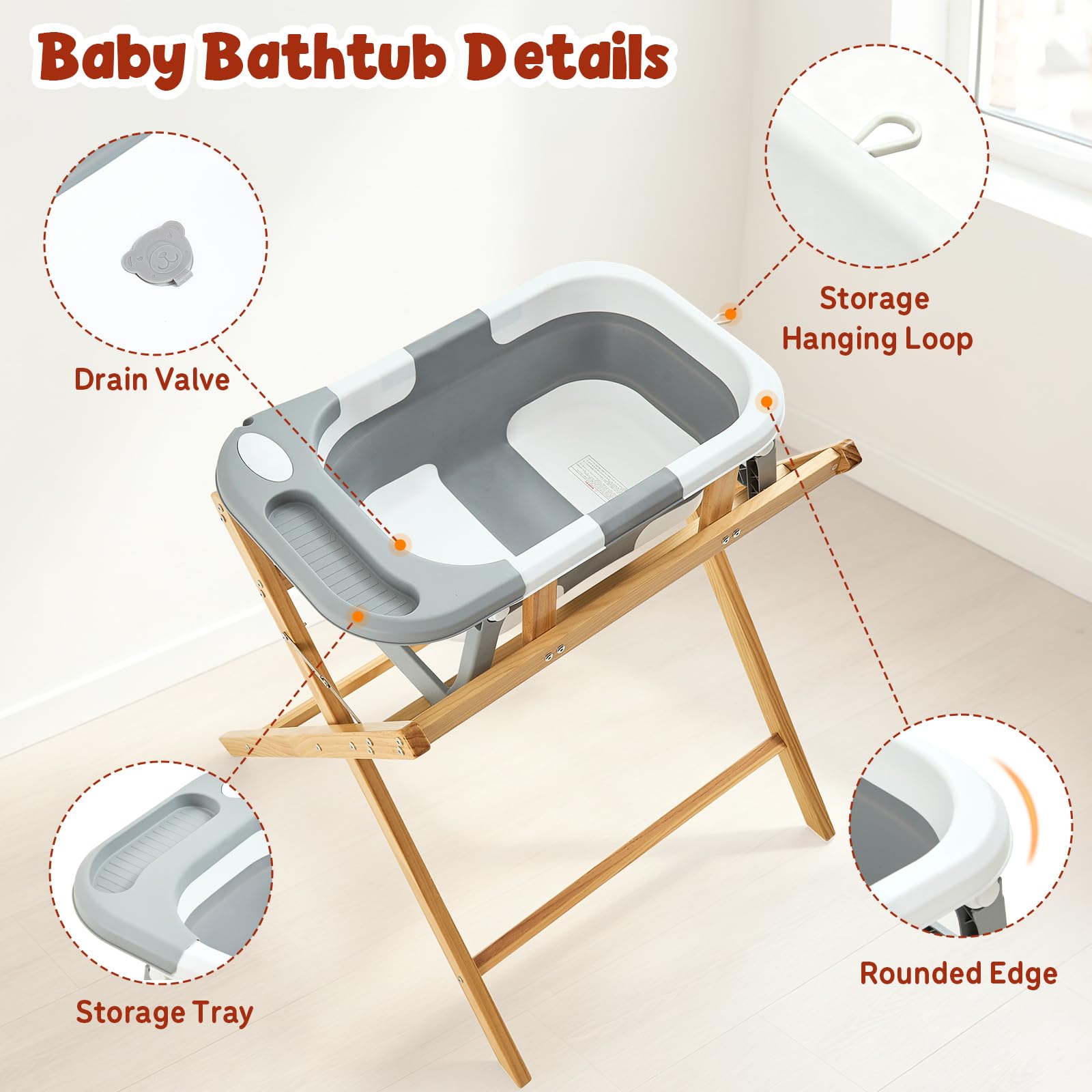 Vaschetta da bagno FUNLIO con supporto, vaschetta da bagno pieghevole e supporto in legno ripiegabile per bambini da 0 a 24 mesi, portata massima 50 kg — Ergonomica e comoda per la schiena