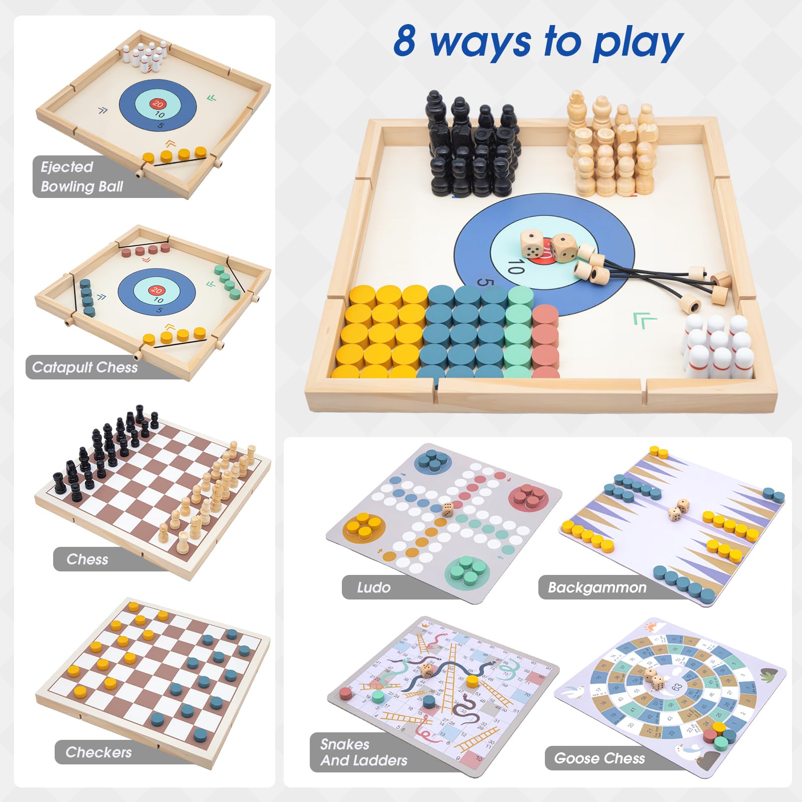 8 en 1 Set De Jeux De Société pour 2 à 4 Joueurs, Coffret de Jeux Classiques en Bois pour la Maison, Les fêtes, Les Voyages