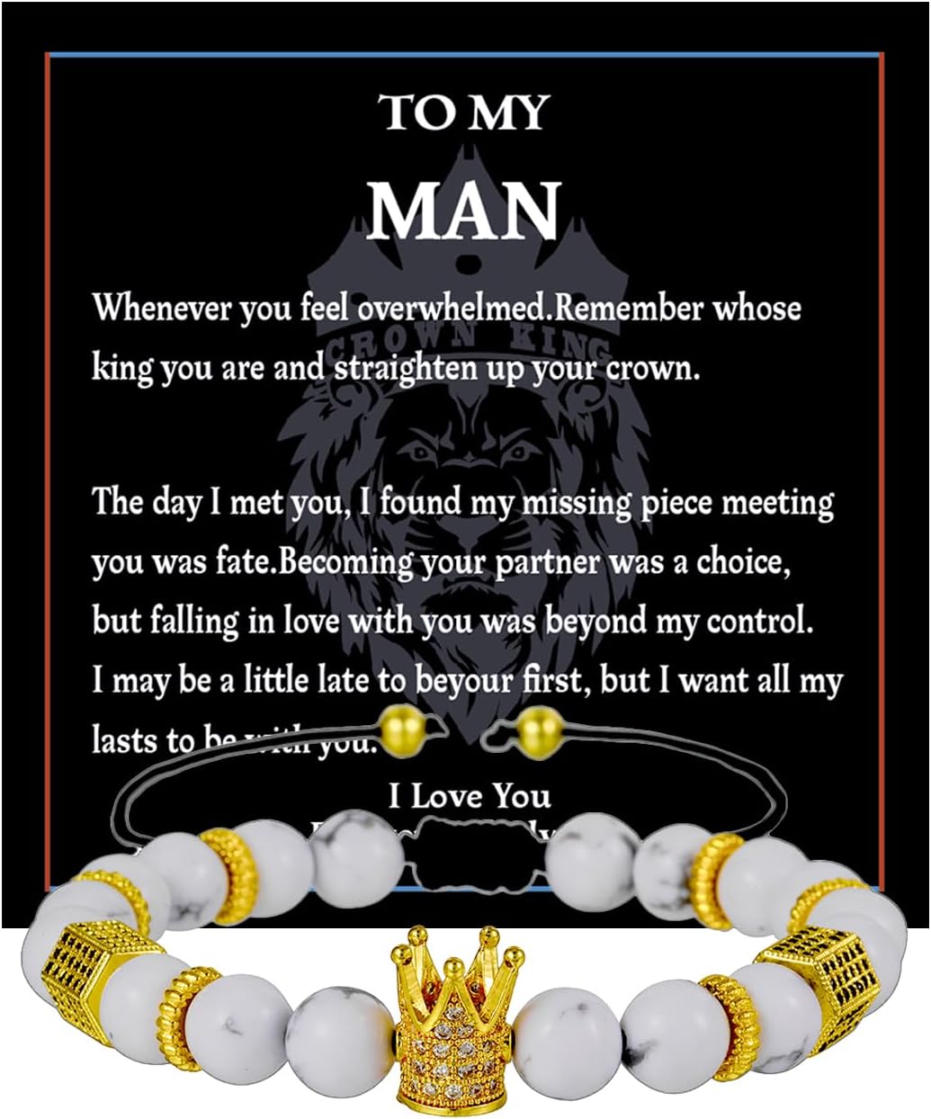 To My Man Bracelet - 6mm Stainless Steel Crown King Charm Bracelet for Men Valentine's Day 𝗚𝗶𝗳𝘁𝘀 𝗳𝗼𝗿 𝗠𝗲𝗻, Crown Link Bracelet for Men, Adjustable Size