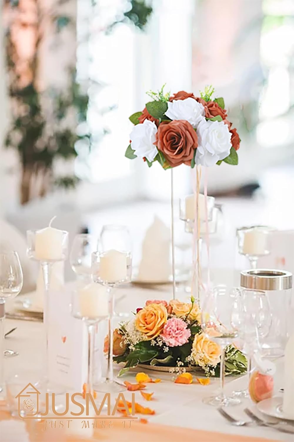 Artificial Flowers Ball 4 Pcs - Burnt Orange White Wedding Centerpiece for Table Decorations and Flower Arrangements