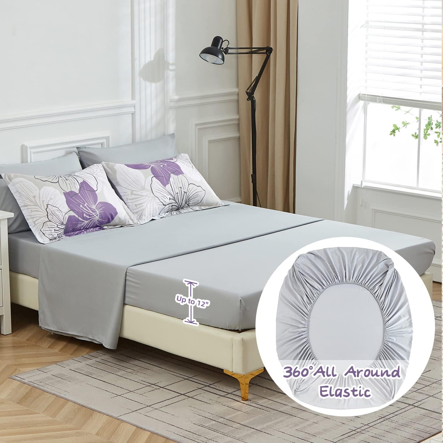 Set of 7 Size Queen Purple Comforter Set Queen Size, Purple Floral Pattern Printed on Light Grey, Soft Microfiber 7 Pieces Bed in a Bag (1 Comforter, 2 Pillow Shams, 1 Flat Sheet, 1 Fitted Sheet, 2 Pillowcases)