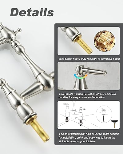 Miniatura 9 de Grifo de cocina de puente negro mate, grifo de fregadero de cocina de latón de 2 agujeros, boquilla giratoria de 360, grifo vintage de doble asas