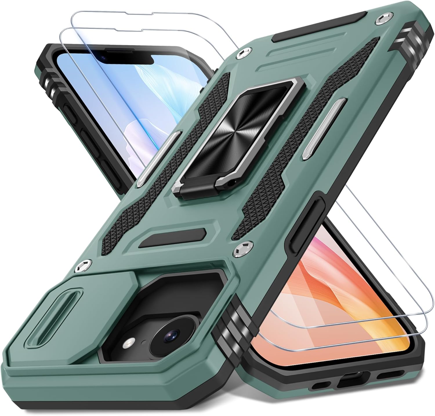 DEERLAMN Case for iPhone 16E with Slide Camera Cover+Screen Protector (2 Pack), Rotated Ring Kickstand Military Grade Shockproof Protective Cover for iPhone SE4 2025-Green for iPhone 16E 2025-6.1 Inch Green