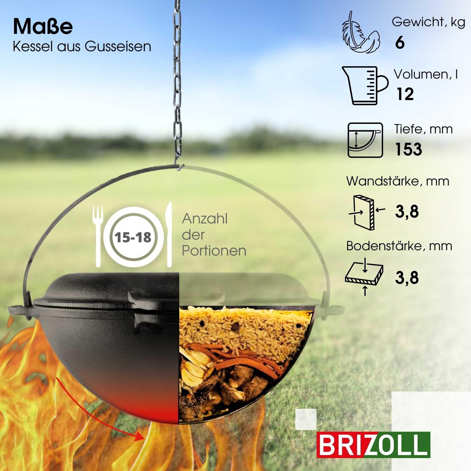 12L Gusseisen Schwenktopf Kazan Asia Kasan mit Deckel-Grillpfanne aus Gusseisen Grillwok Wokpfanne Grill Cast Iron Campingtopf Kessel Wok Traditioneller