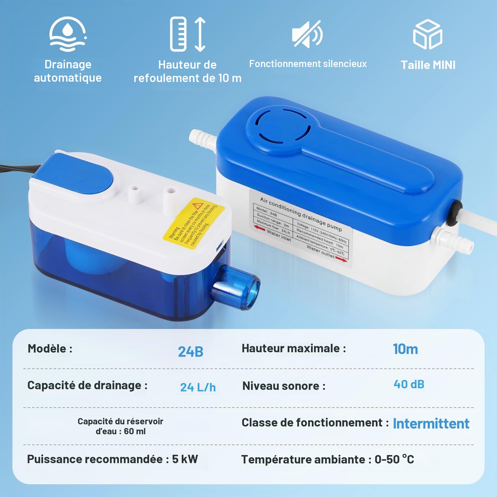 BAOSHISHAN Pompe à condensat 24L/H Mini pompe à condensat split avec une capacité d'eau de 60ML pour climatisation 5KW
