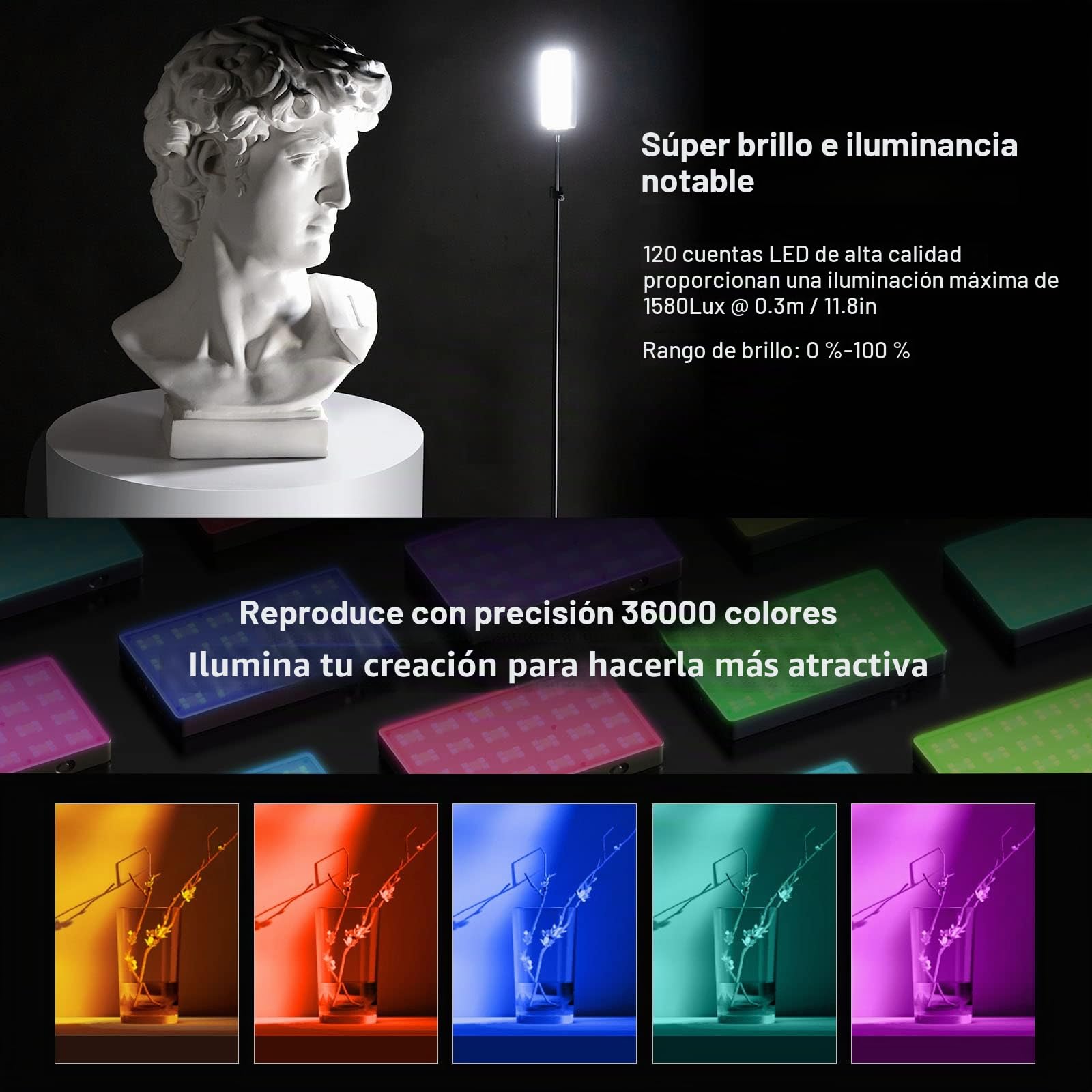 SMALLRIG RM120 RGB Luz de Video, Portátil Luz de Vídeo LED 2500-8500K CRI TLCI 98+, Panel Luz de la Cámara Batería de 180 Minutos de 5000 mAh, para TikTok, Creador de Contenido, Fotógrafo - 3808