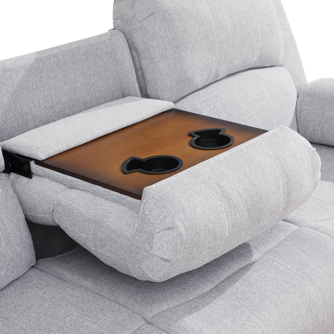 3-Seater Recliner Sofa with Drop-Down Table & Cup Holders, Fabric Reclining Couch with Manual Recline, Overstuffed Armrests & Backrest, Living Room Home Theater Seating | Drop-Down Table, Cup Holders