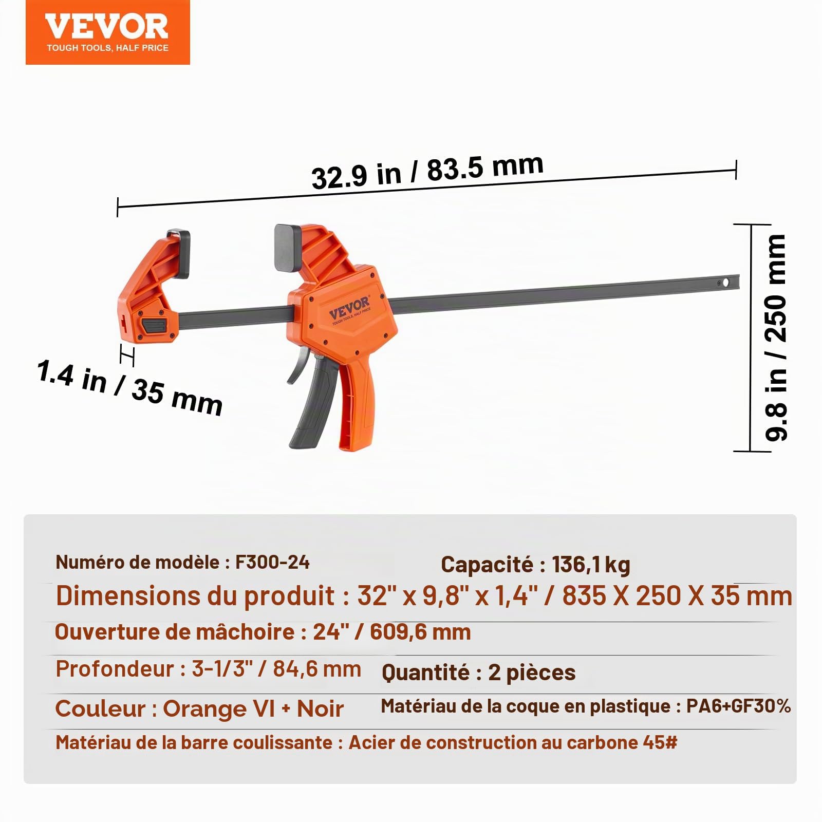 VEVOR Jeu de 2 Serre-Joints à Libération Rapide Serre-Joint à Une Main Ouverture 609,6 mm Saillie 84,6 mm Force de Serrage Max. 136 kg Pince Écarteur Réversible pour Charpentier Menuisier Métallurgie