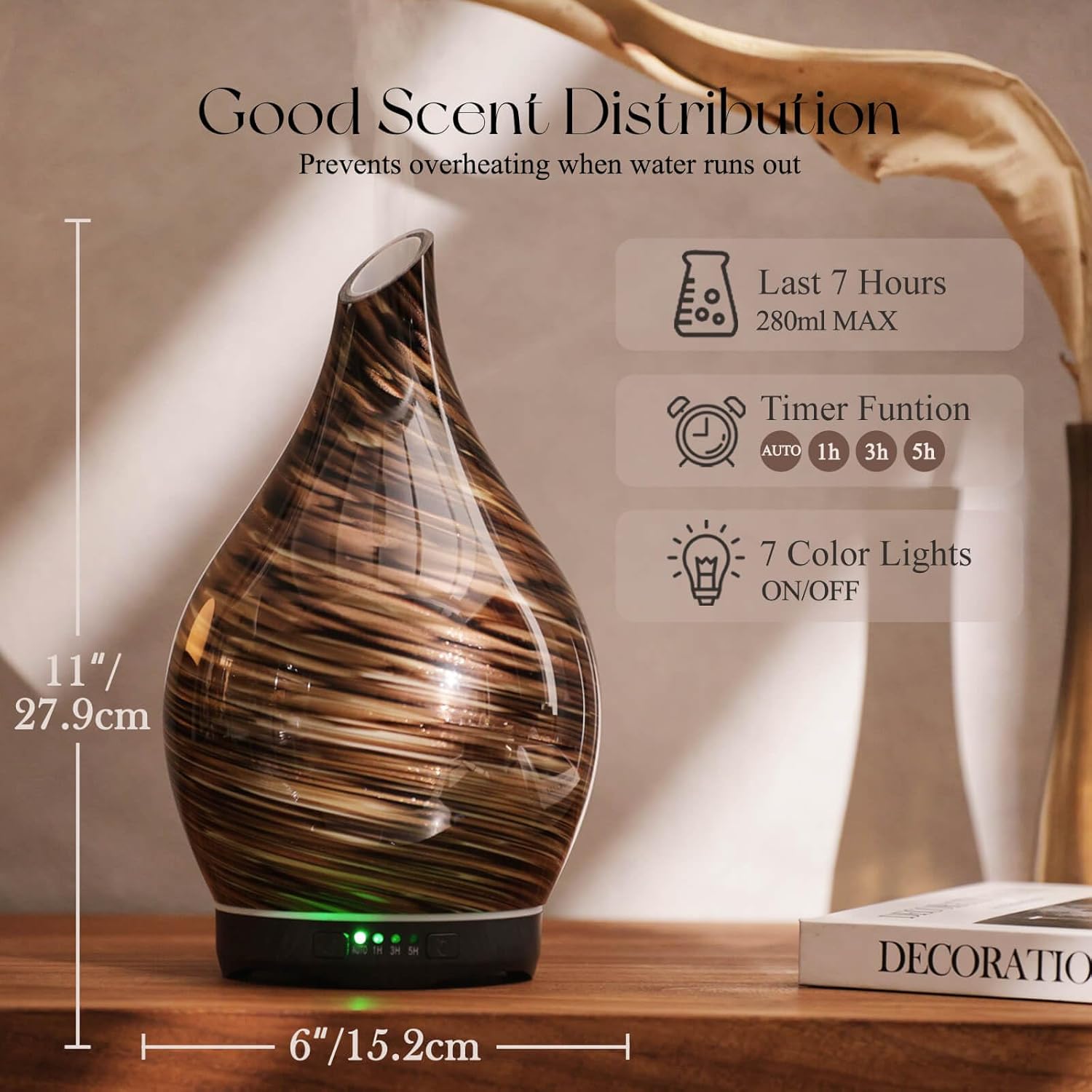 Porseme 280ml Essential Oil Diffuser Glass Color Changing Aroma Air Diffusers Aromatherapy Ultrasonic Cool Mist Humidifier 7 Running Hours Waterless Auto-Off for Sleeping, Yoga, Office (Dark Golden) - Image 3