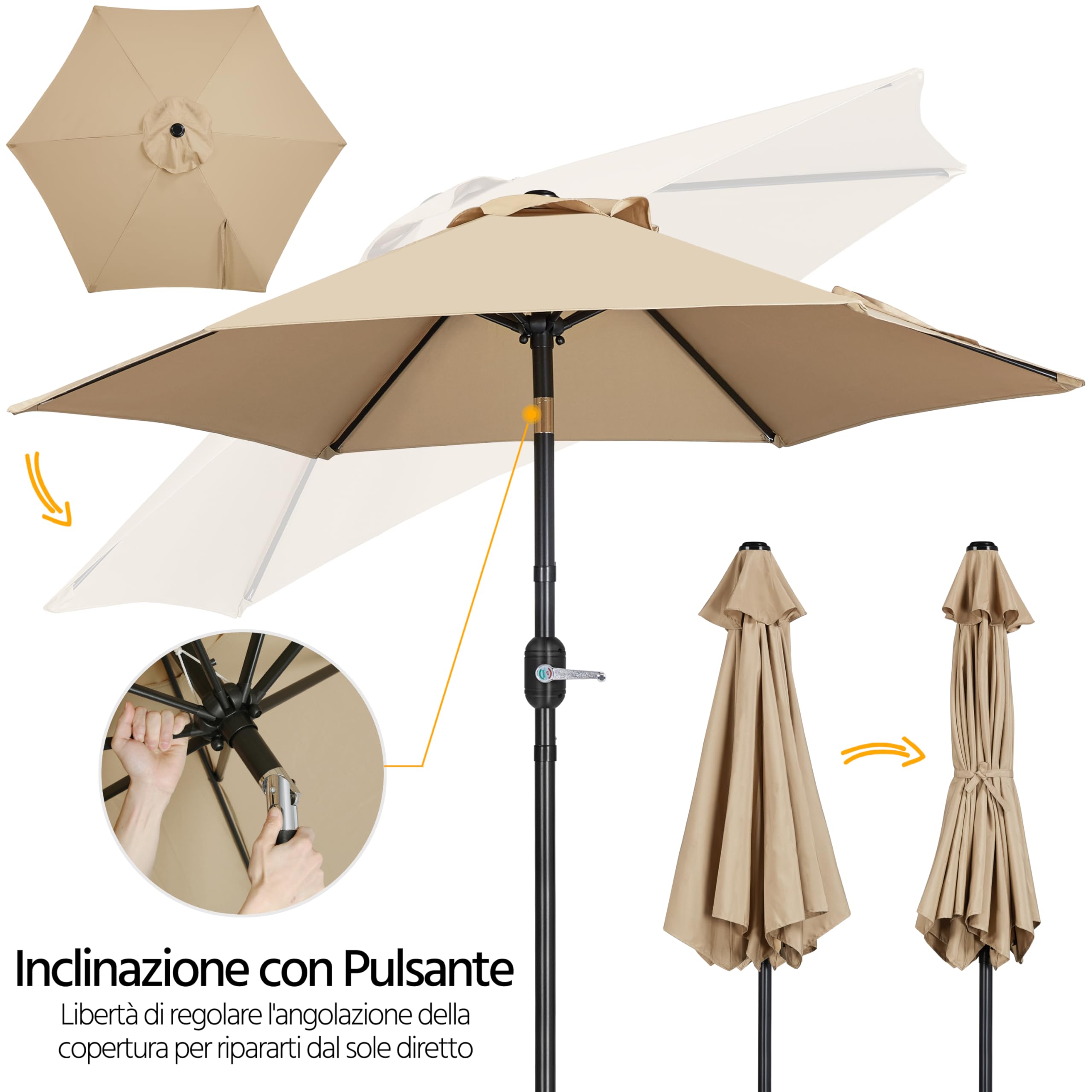 Yaheetech Ombrellone da Giardino 226 cm con 6 Stecche in Poliestere e Metallo Inclinabile Protezione UV Cortile Piscina Esterno Ecrù