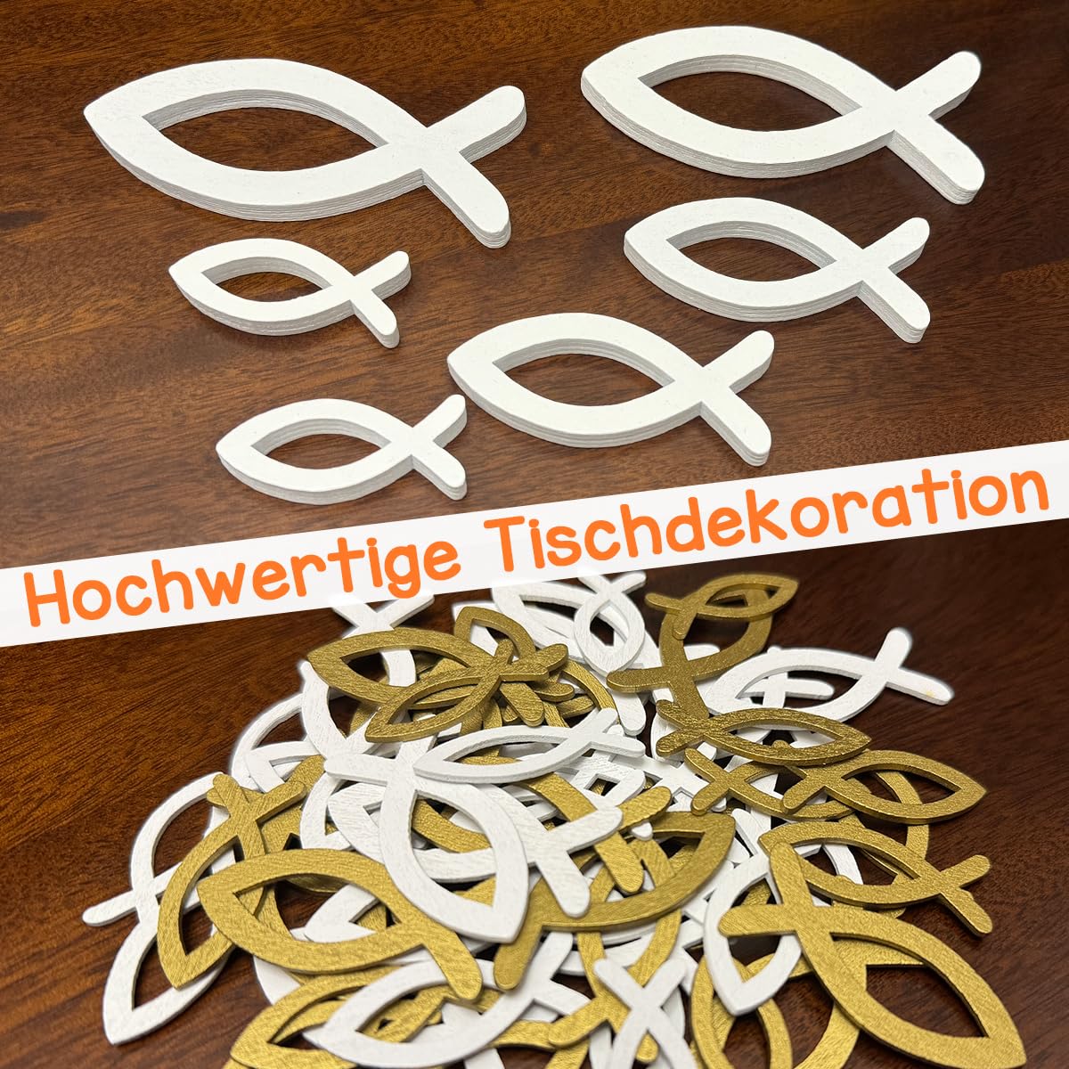 Holzfische Deko - 66 Stück, Taufe, Kommunion, Konfirmation, Tischdeko