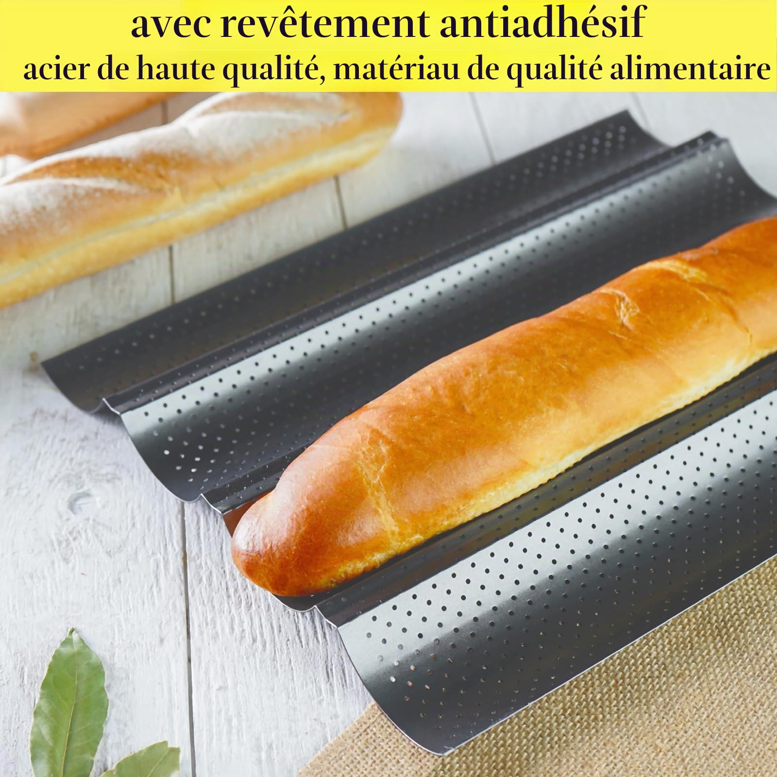 WOPPLXY 3 Pièces Moule a Baguette de 4 Créneaux, Noir Moule Baguette Four de 38 x 32cm, Moule à Pain en Acier au Carbone pour 4 Baguettes