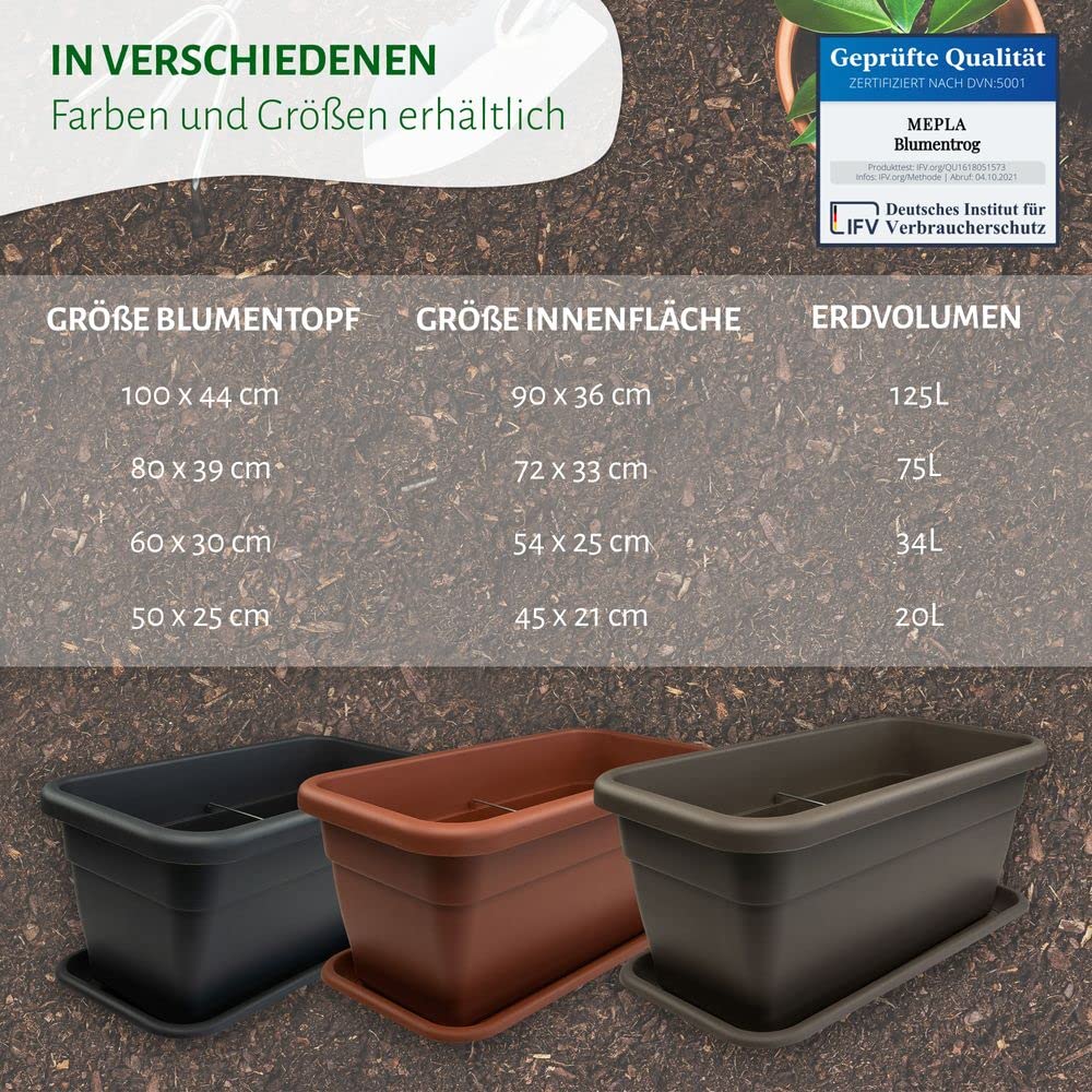 MePla Soucoupe allongée pour bac à fleurs en plastique 97 x 41 cm Taupe résistant aux intempéries UV