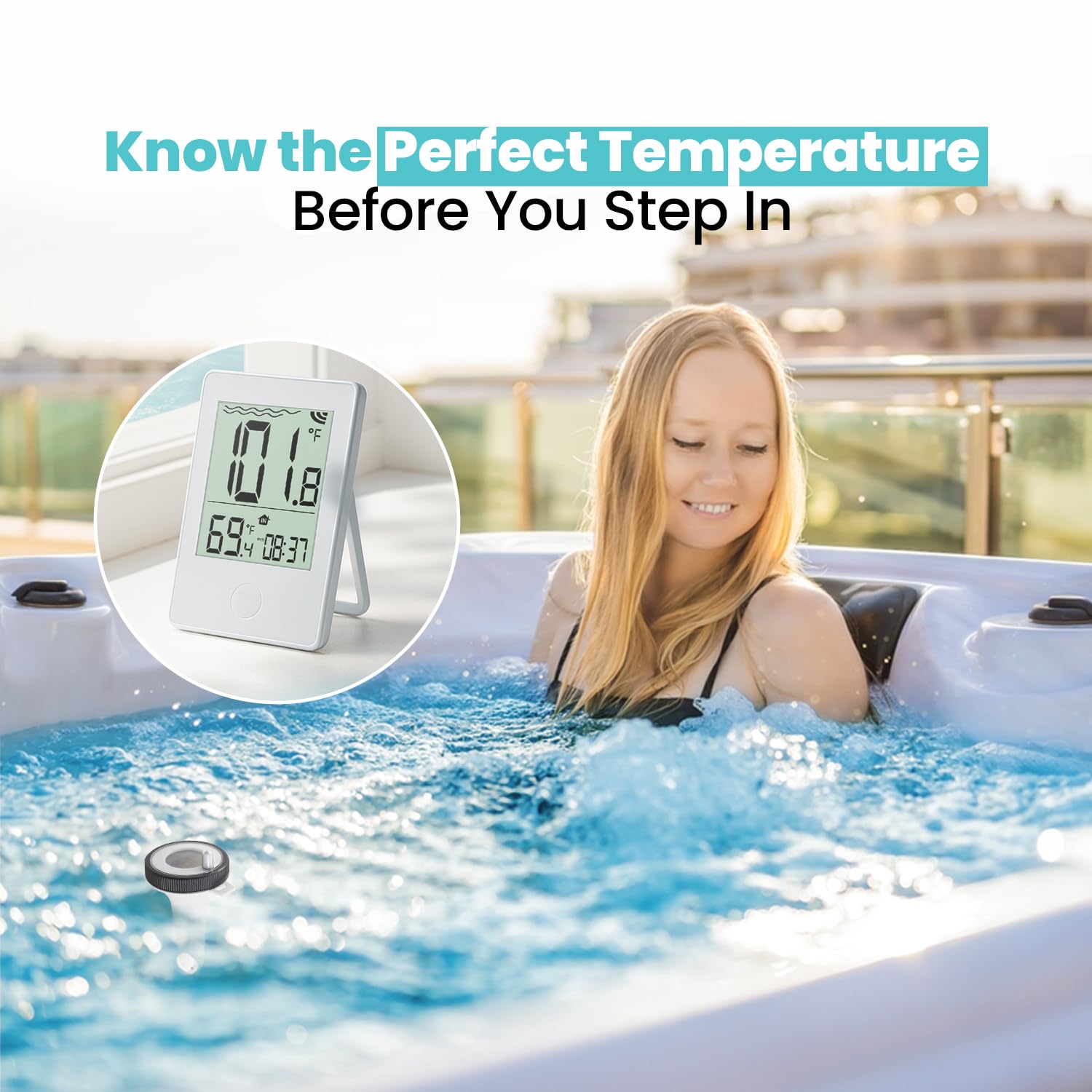 Pure55 SpaGauge - Termómetro inalámbrico para bañera de hidromasaje con baterías, termómetro impermeable IPX7 para piscina, flotante, medidor de temperatura digital fácil de leer con pantalla interior
