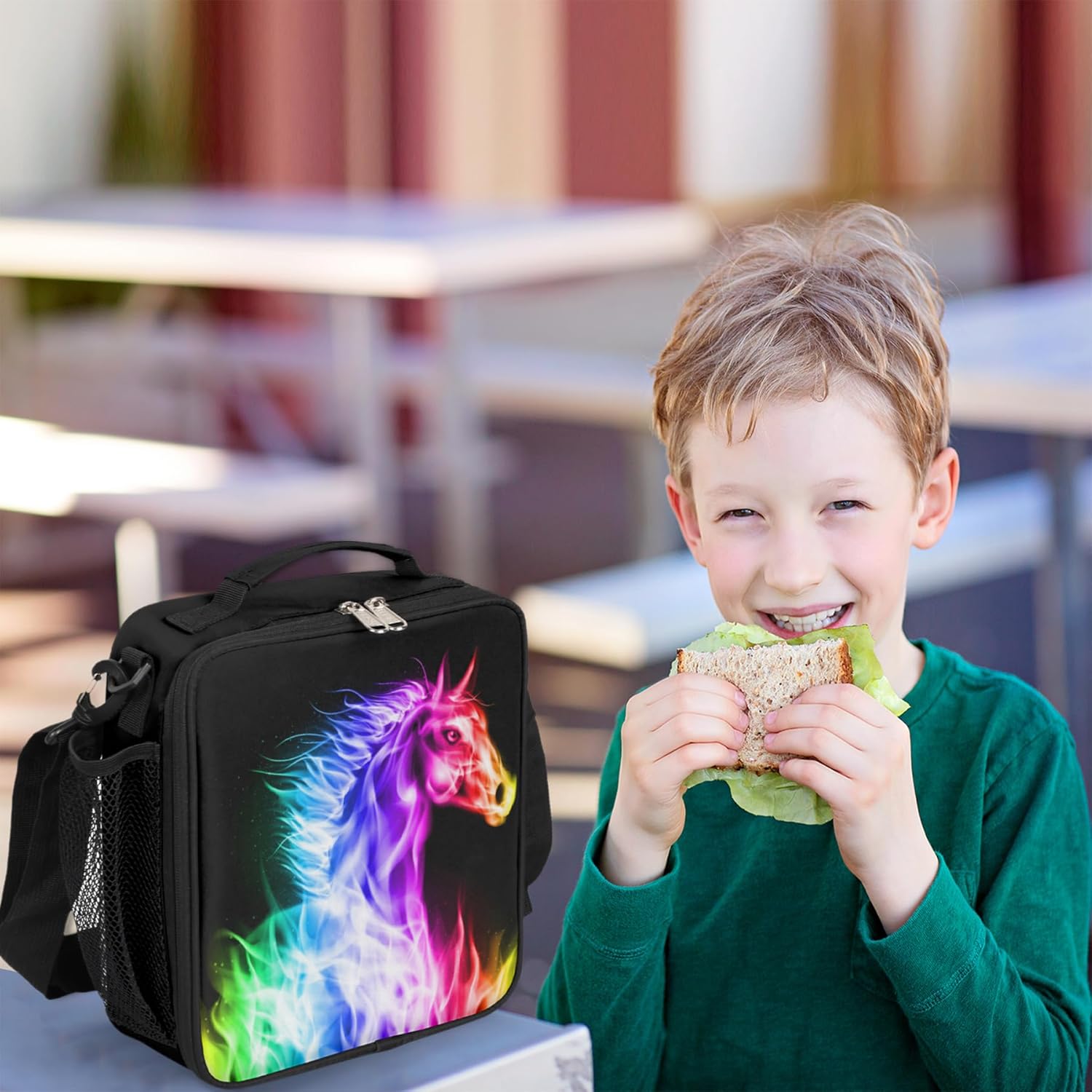 Insulated Lunch Box for Boys Girls, Reusable Lunch Bags with Adjustable Shoulder Strap and Water Bottle Holder for Kids Adult, Baseball Lunch Tote Bag for Office Work School (Horse)
