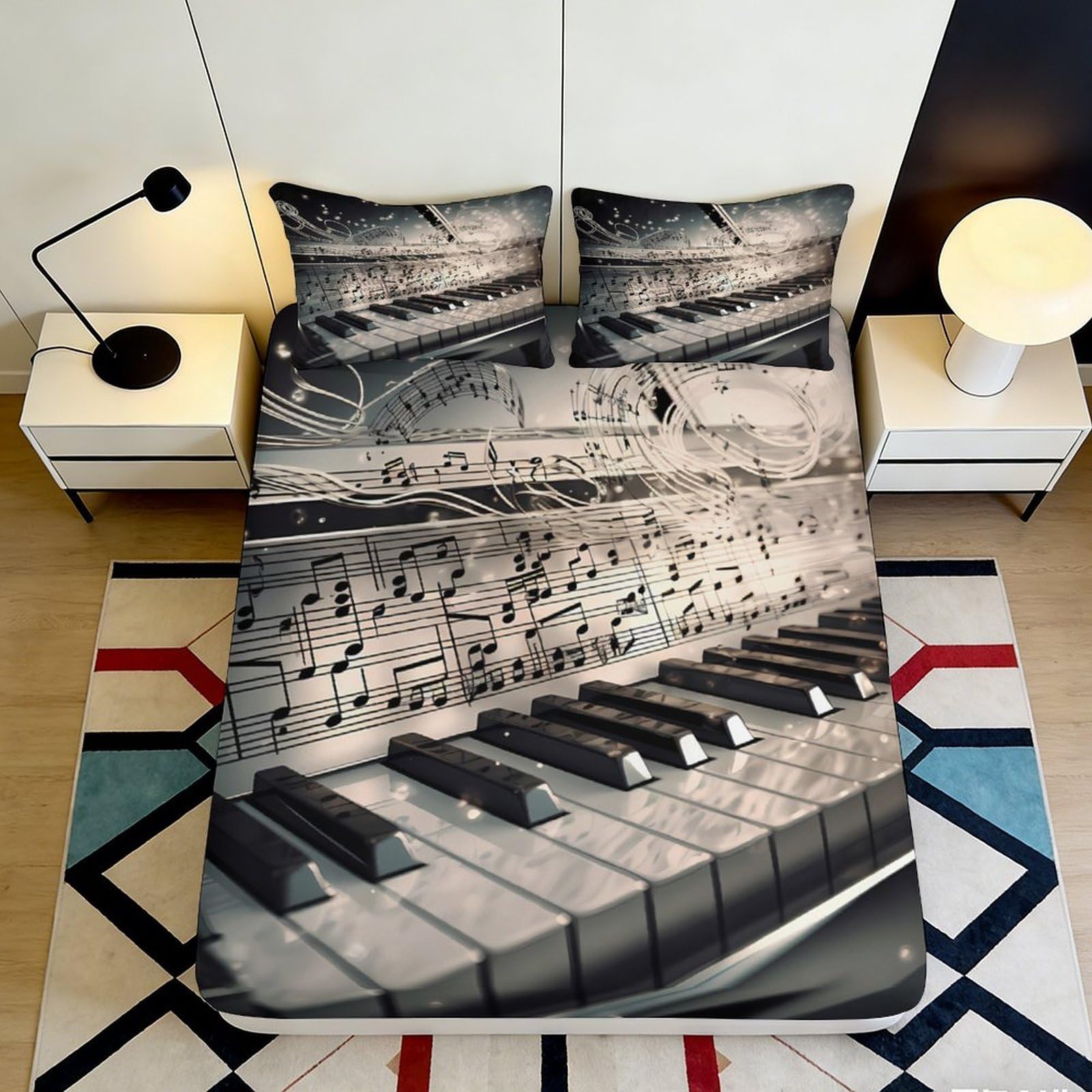 3D Printed Music Notes Fitted Sheet Microfiber Soft Breathable Piano Keys Bed Cover for Bedroom Dormitory Guest Room Mattress Protection Decor 140x200x25cm
