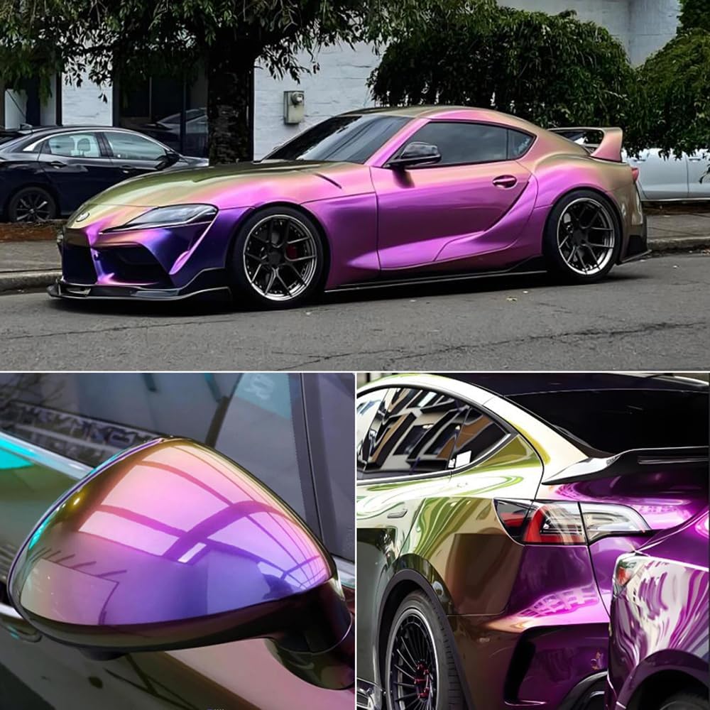 Tricolored Chameleon Vinyl Wrap Roll, Violet Puple Lime Color Changing Vinyl Auto Body Wraps Film for Car Interor Motorcycle (29.53" x 60")