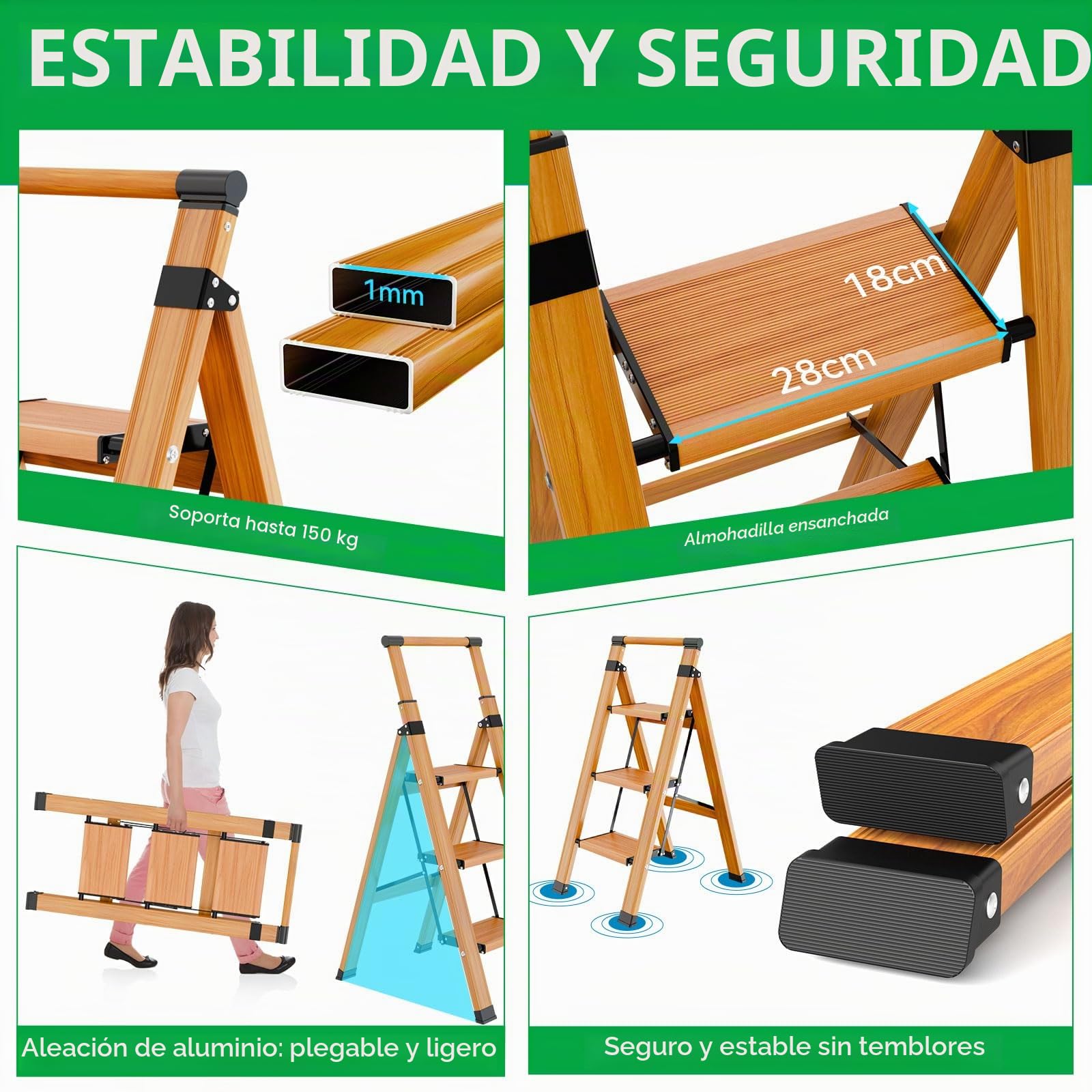 KULACO Escalera Plegable de 3 peldaños con barandilla, Aluminio Antideslizante Extra Ancho, Acabado Madera, Carga máx. 150 kg para Cocina, hogar y Garaje