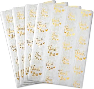 100 Sheets White with Metallic Gold Thank You Tissue Paper Bulk,20" x 14",Gold Thank You Tissue Paper for Packaging,Gift Bags,Metallic Gold Tissue Paper for Graduation,Birthday,Thanksgiving