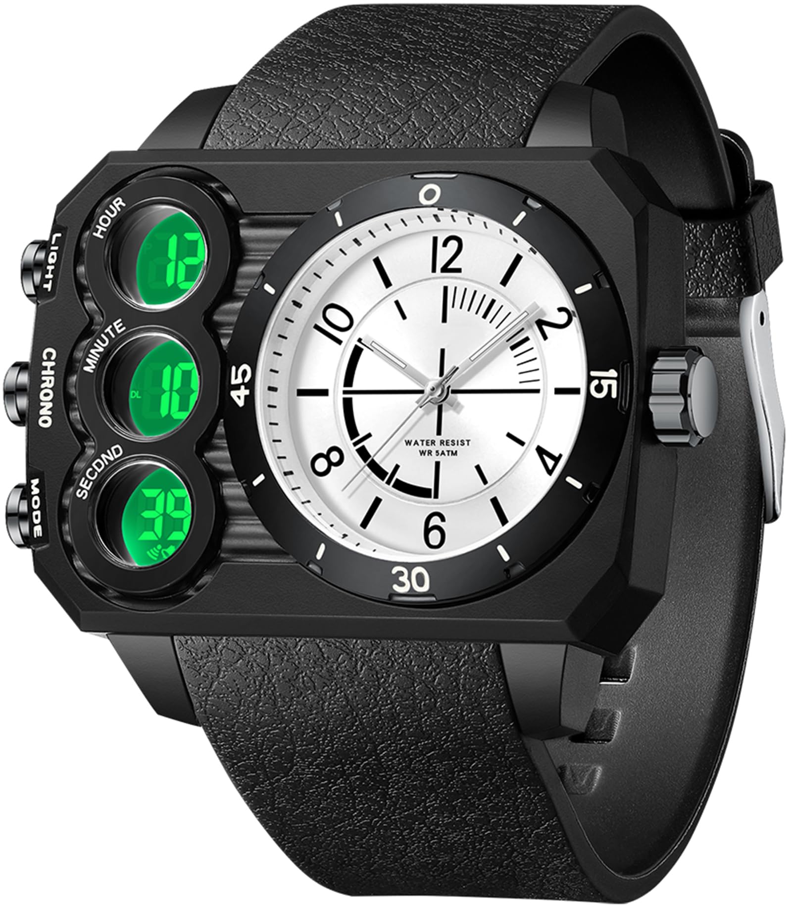 findtime Orologio angolare da uomo, digitale, analogico, grande, militare, 5 ATM, impermeabile, sportivo, da uomo, per attività all'aperto, cronometro, coutdown 12/24H, tre fusi orari, di lusso per