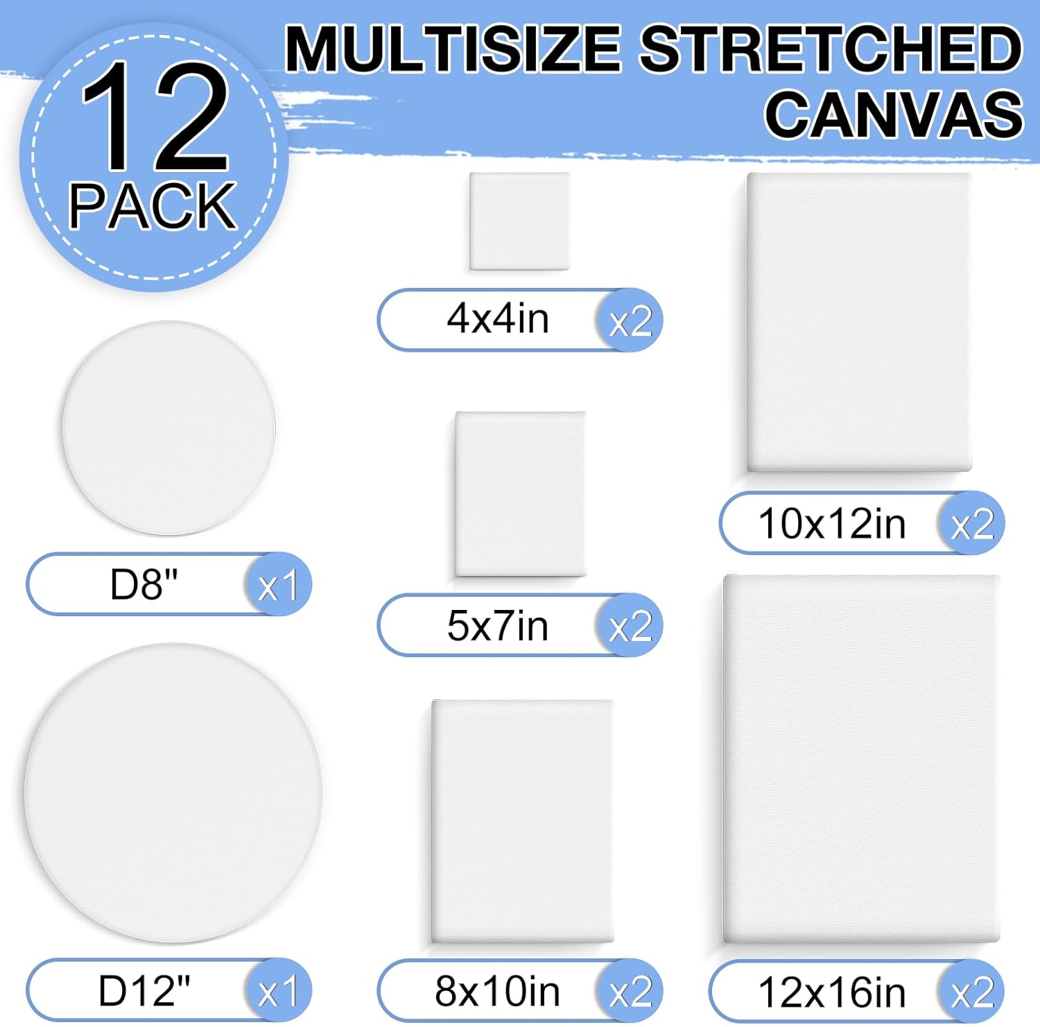 ESRICH 12 Pack Stretched Canvas for Painting, 4x4, 5x7, 8x10, 10x12, 12x16(2 of Each), Round Canvas with 8x8, 12x12(1 of Each), Blank Canvases Primed Paint Canvas for Beginners, Artists. - Image 2