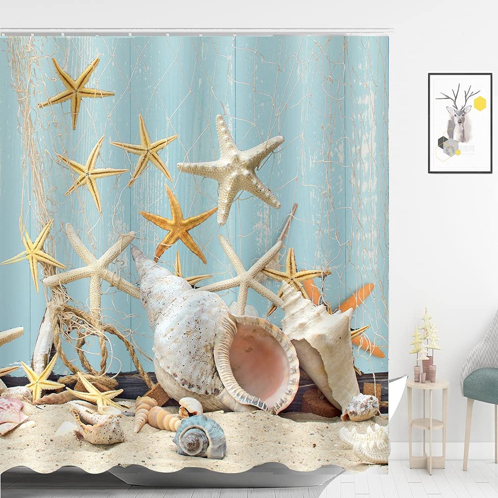 ABxinyouleBeach Seashell Shower Curtain Beach Theme Starfish Shell Waterproof Fabric Bathroom