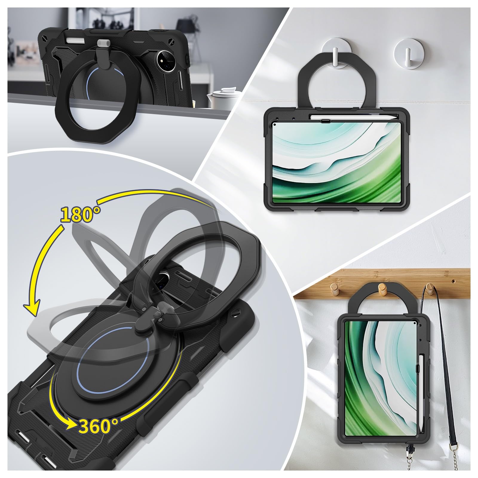 Wytrzymałe etui ochronne do Huawei Matepad Pro 11" (2024/2022), podstawka obrotowa 360°, pasek na ramię, uchwyt ołówek i pierścień uchwytu, odporna wstrząsy obudowa dla dzieci dorosłych(Noir)