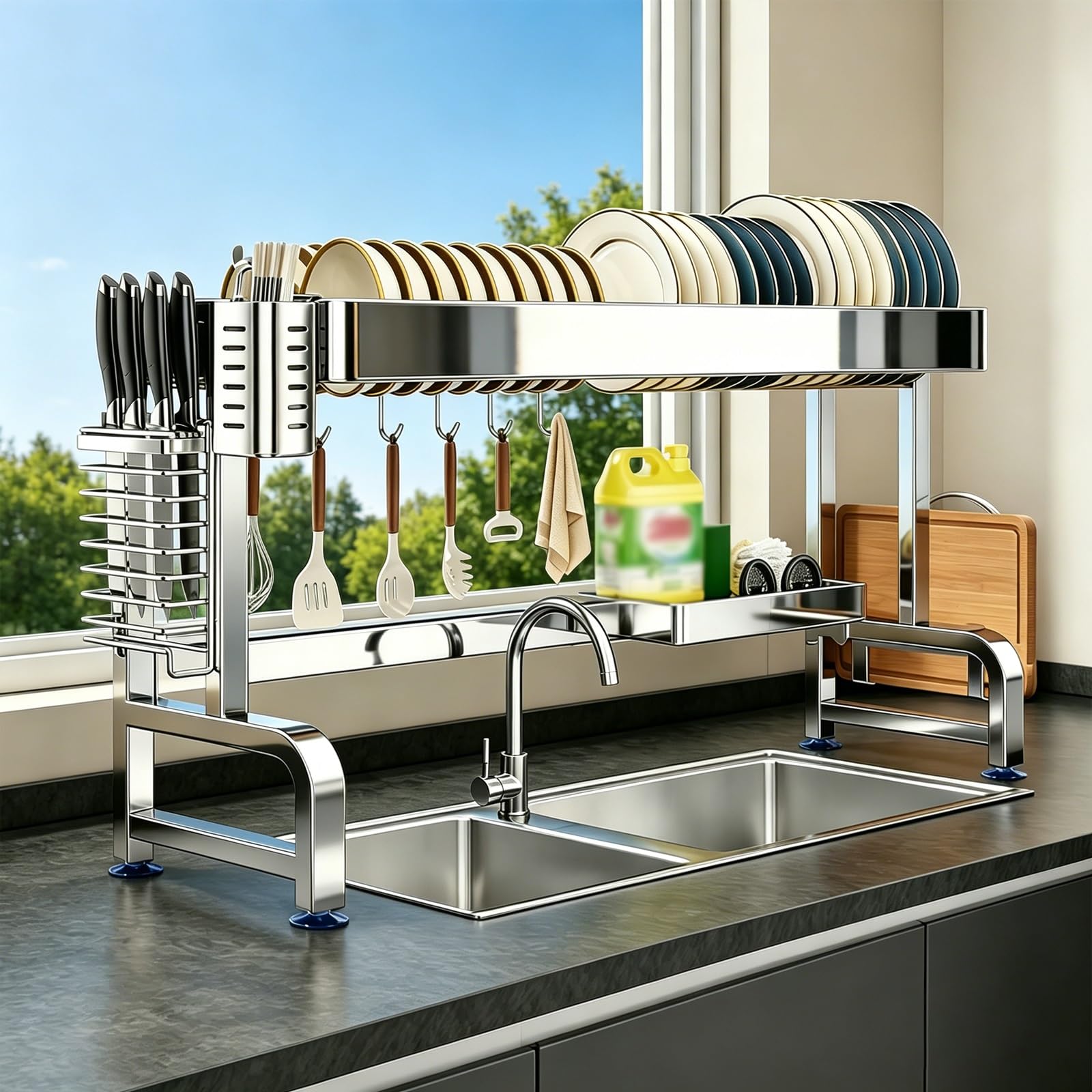 Scolapiatti in Acciaio Inox 304 da Utilizzare sopra Il lavello, Organizer per lavello a Uno o Due Livelli, scolapiatti salvaspazio per Il lavello, per Piatti e