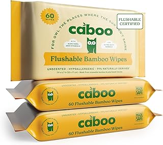 Caboo Bamboo Flushable Wipes | Certified Flushable, Septic Safe, Eco Friendly, Biodegradable, Unscented Flushable Wipes for Adults, Toilet Wipes Flushable (Pack of 3, Total of 180 Flushable Wipes)