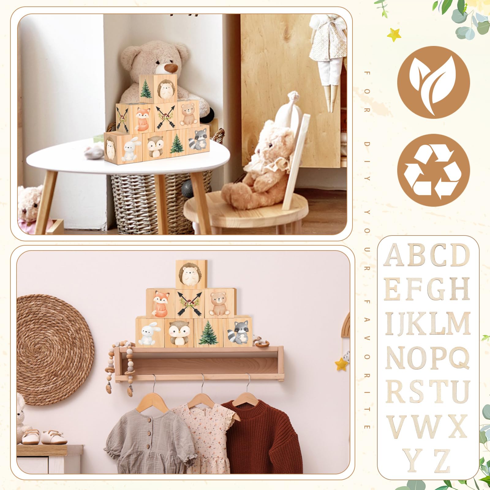 Wonderjune Letrero de madera con nombre de animales del bosque, 8 bloques de animales del bosque con 78 letras de madera, cubos de madera para guardería, baby shower, nombre del alfabeto, letreros de