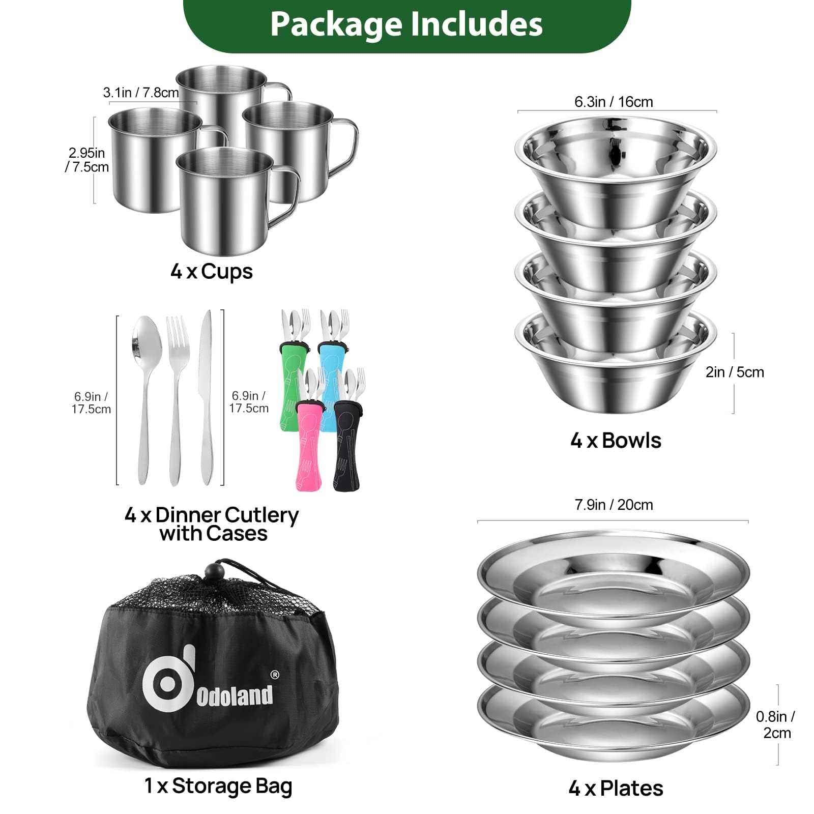 Odoland Set de Couverts Camping, Ustensiles et Bol Soucoupe INOX, Assiette Tasse Couteau Fourchette Cuillère Sac Rangement, Kit de Vaisselle Camping pour Famille et Amis Randonnée Pique-Nique Voyage