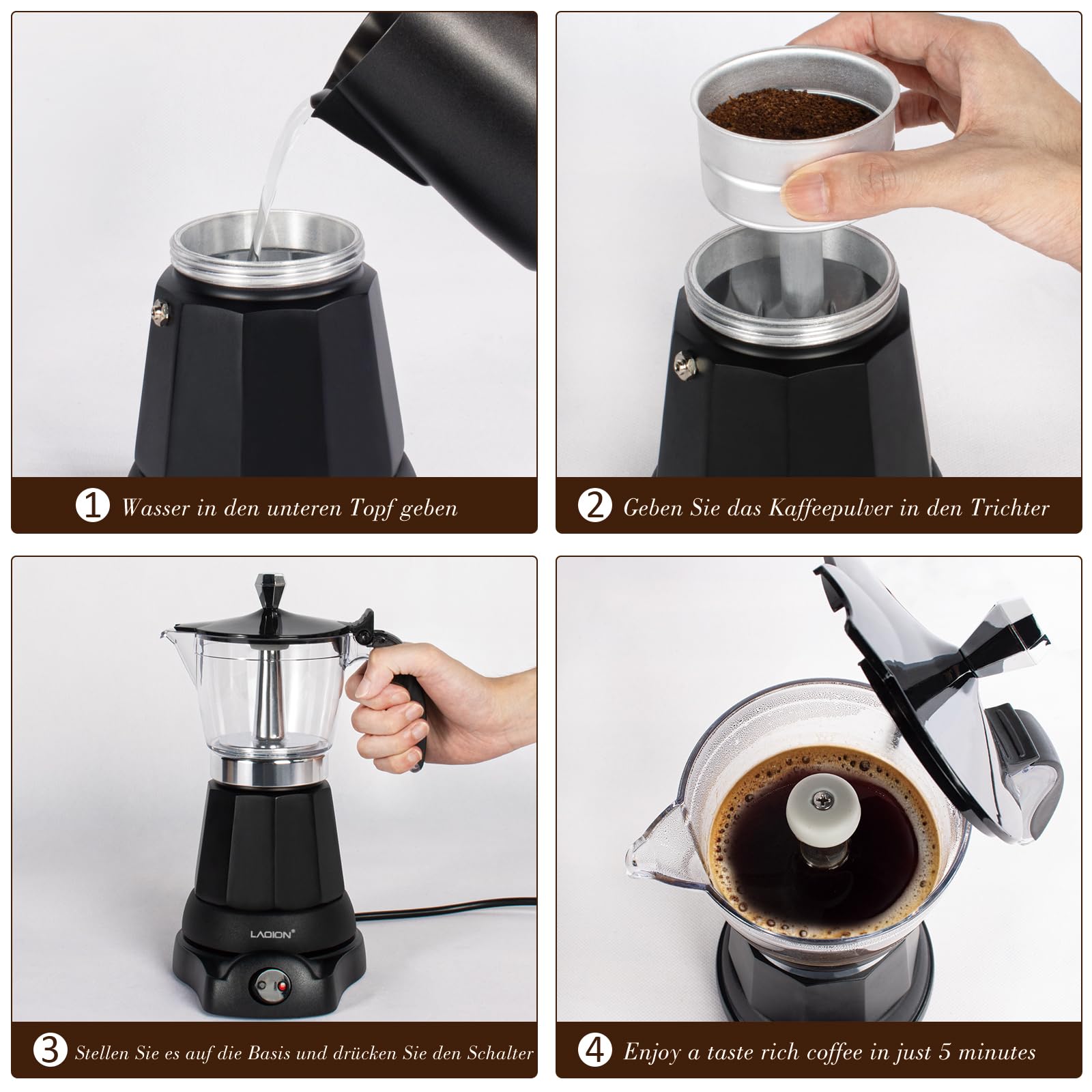 LAOION Espressokocher Elektrisch, 6 oder 3 Tassen Elektrisch Tragbarer Mokka Kocher, 300ml Italienische Esspresso Kaffeemaschine Klein mit Abnehmbarer Basis und Überhitzungsschutz,Schwarz Coffee Maker
