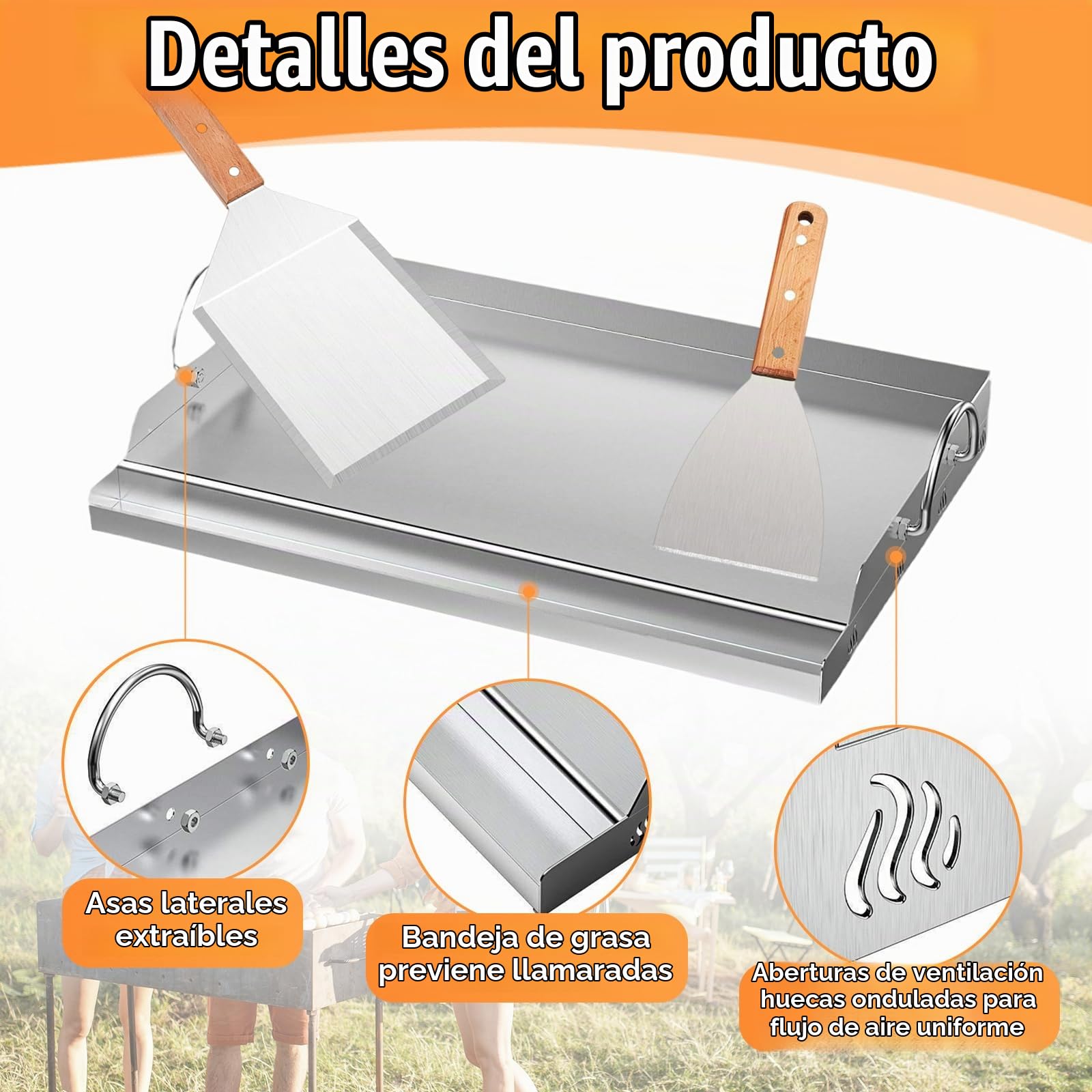 Plancha - Juego de planchas de 58 x 40 cm, con espátula para parrilla y raspador para parrilla, barbacoa de acero inoxidable con protección contra quemaduras y espátula para parrilla con mango de