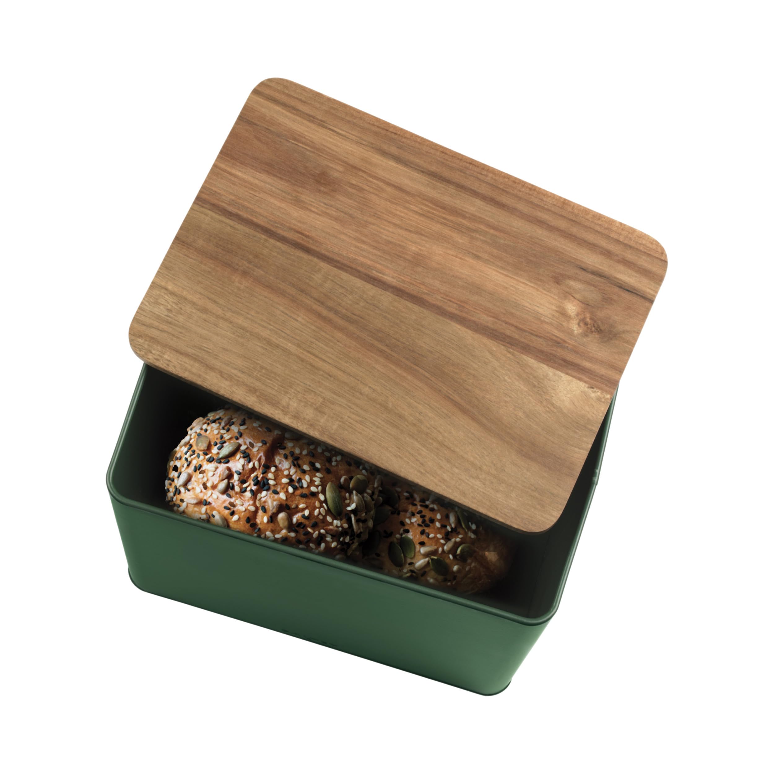 Salter Toronto Set de comptoir 4 pièces, boîte à pain et boîtes, vert | Finition mate thermolaquée, couvercles bois acacia, design carré/rectangulaire, nettoyage facile, thé café sucre