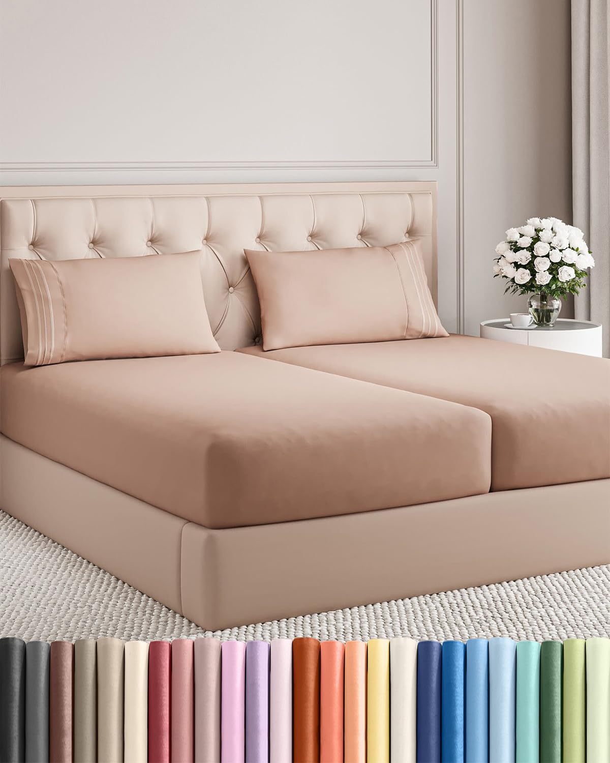Split King Size 5 Piece Sheet Set - Breathable &amp; Cooling Sheets - Mauve